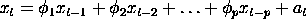 x(t) = phi1*x(t-1) + phi2*x(t-2) + ... + phip*x(t-p) + a(t)