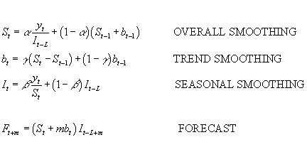 S(t) = alpha*(y(t)/I(t-L)) + (1-alpha)*(S(t-1)+b(t-1)
    SUAVIZANDO TUDO;
   b(t) = gamma*(S(t) - S(t-1)) + (1 - gamma)*b(t-1)
    SUAVIZANDO TENDNCIA;
   I(t) = beta*(Y(t)/S(t)) + (1 - beta)*I(t-L)
    SUAVIZANDO SAZONALIDADE;
   F(t+m) = (S(t+m*b(t))*I(t-L+m)
    PREVISO