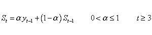 S(t) = alpha*y(t-1) + (1-alpha)*S(t-1), 0 < alpha <= 1, t >= 3